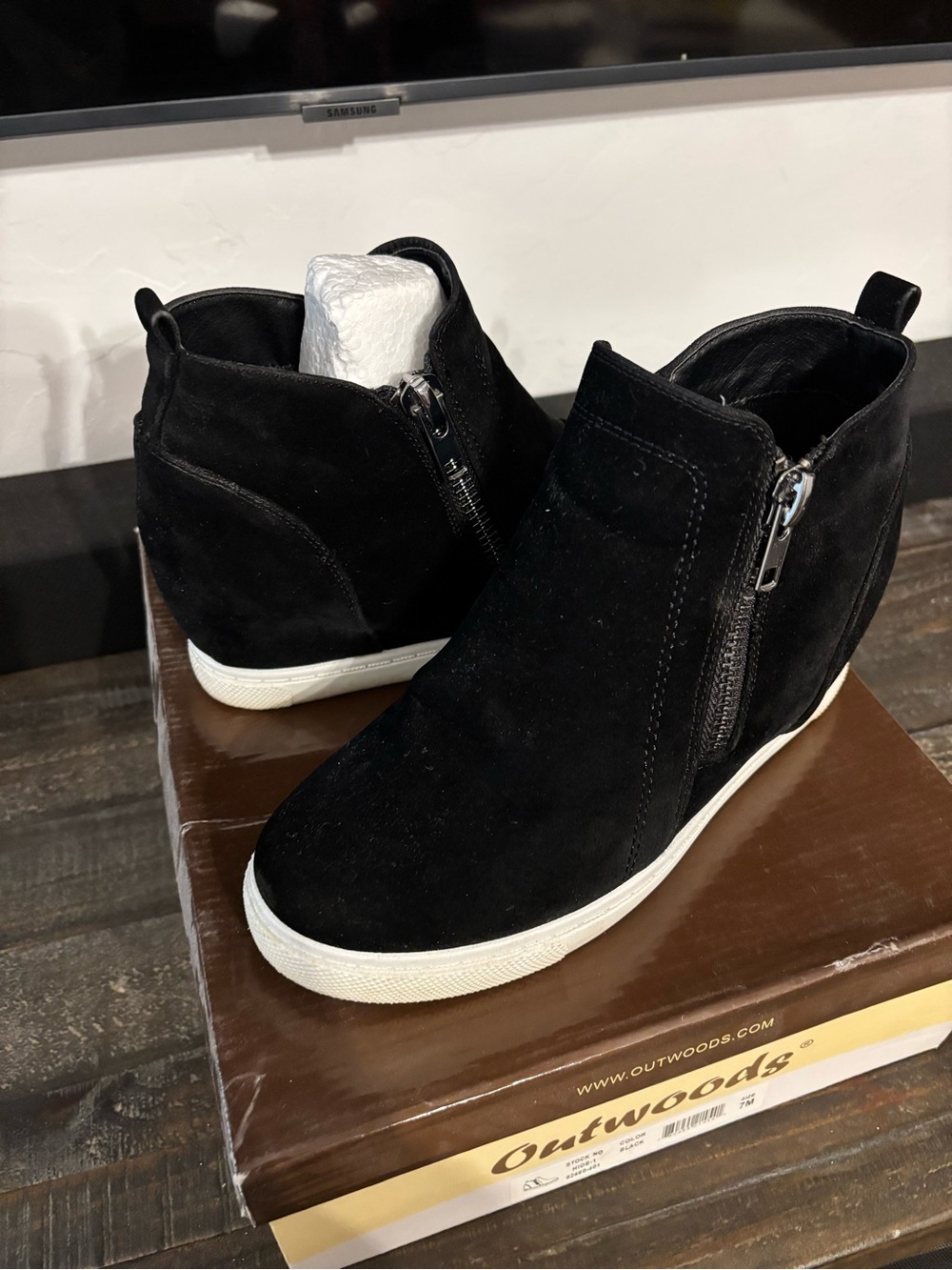 Outwoods Black Suede Wedge Sneaker Boot with Side Zipper
